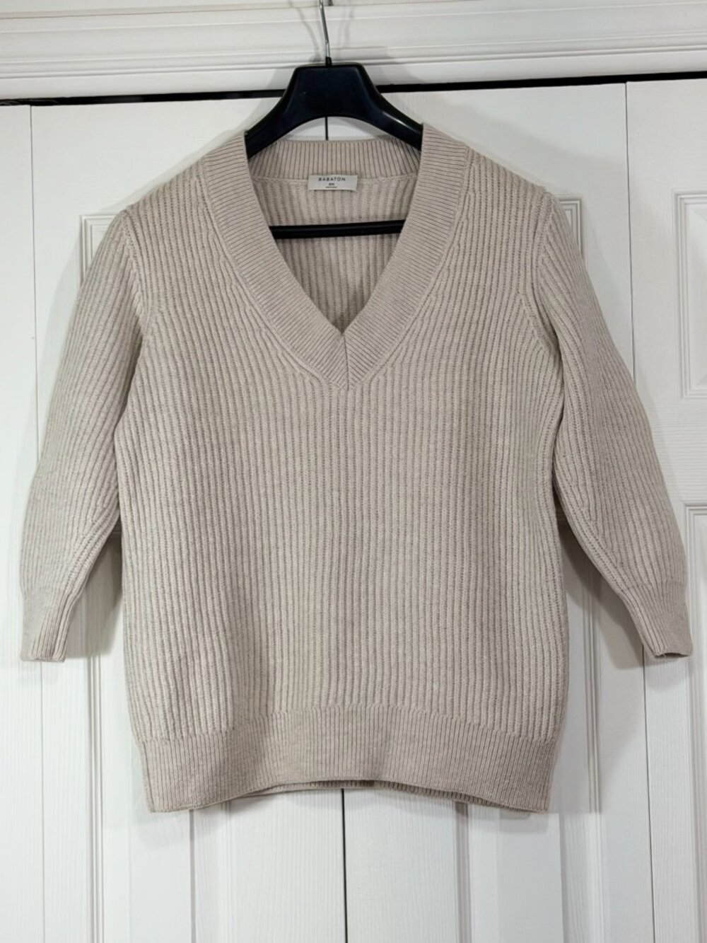 Babaton Aritzia Beige 100% Merino Wool V-Neck Knit Sweater